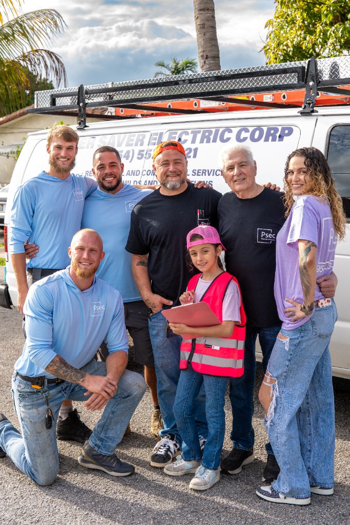 Power Saver Electric Corp Team — John Marese and crew in front of PSEC service van, South Florida