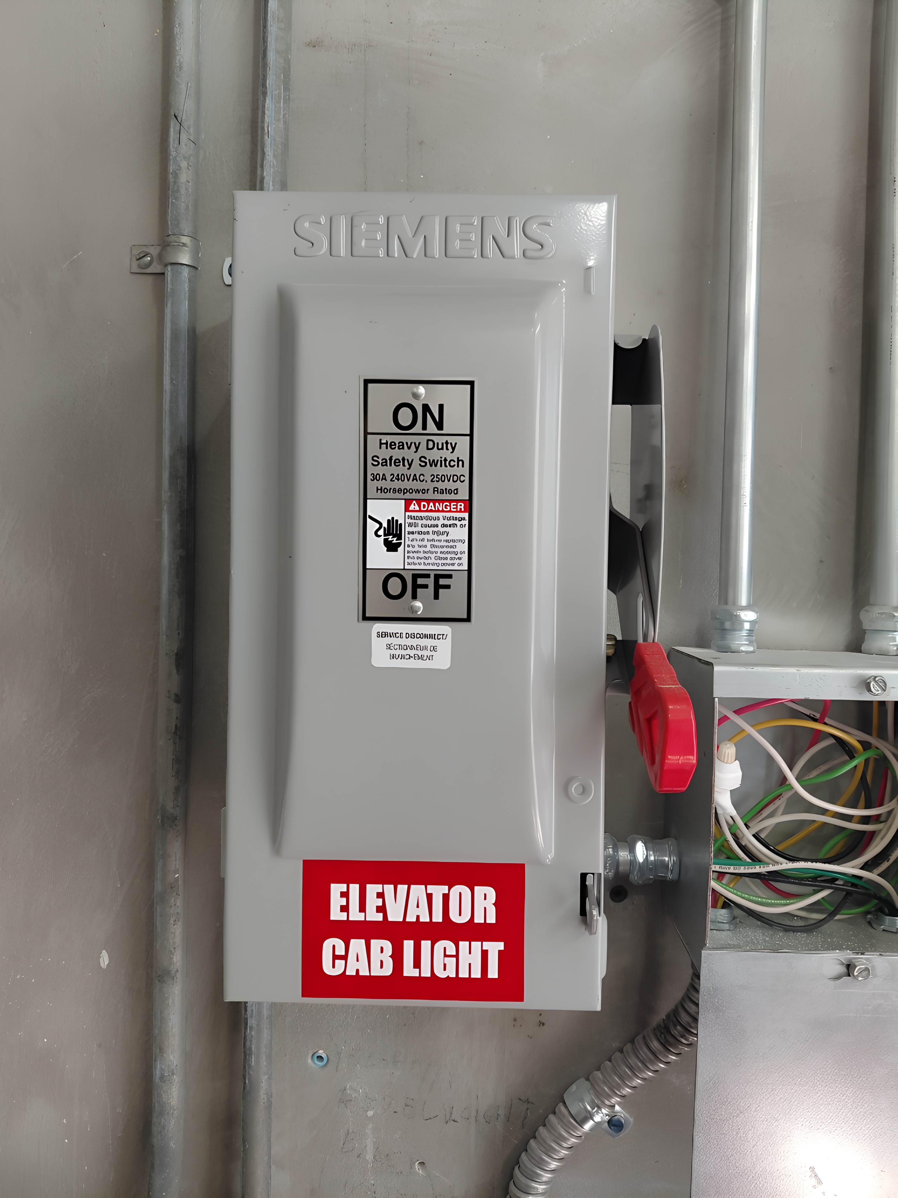 Elevator Disconnect — Front View, Labeled & Installed