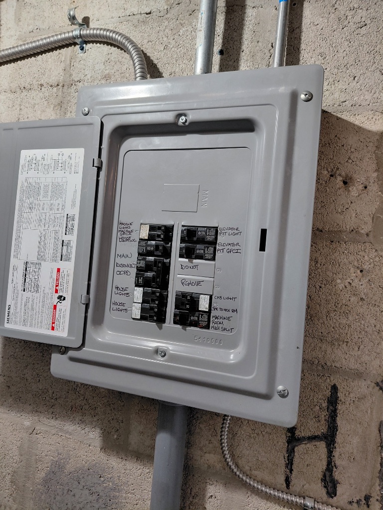 Elevator House Panel — Labeled Circuits inc. Pit Light, GFCI & Cab Light