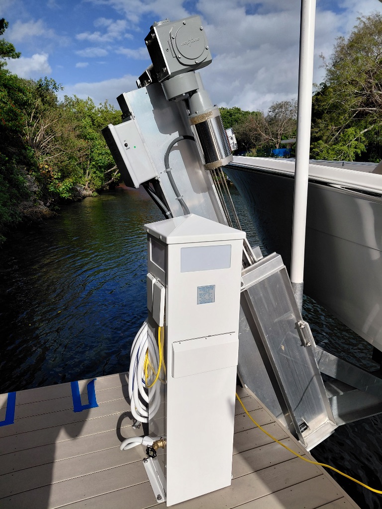 Boat Hoist with Shore Power Pedestal — Night