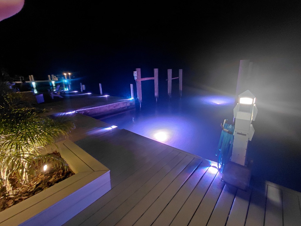 Blue LED Dock Lighting — Full Waterfront View