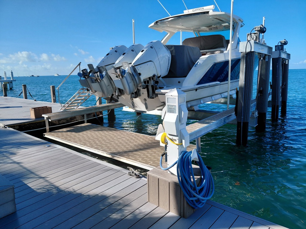 Completed Shore Power Pedestal — Triple-Engine Boat on Hoist, South Florida