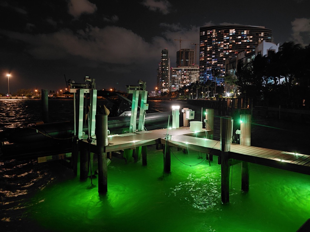 RGBW Green Underwater Dock Lighting — Miami Waterfront at Night