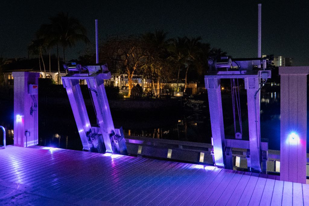 Purple RGBW Boat Hoist Dock Lighting — South Florida Night Installation