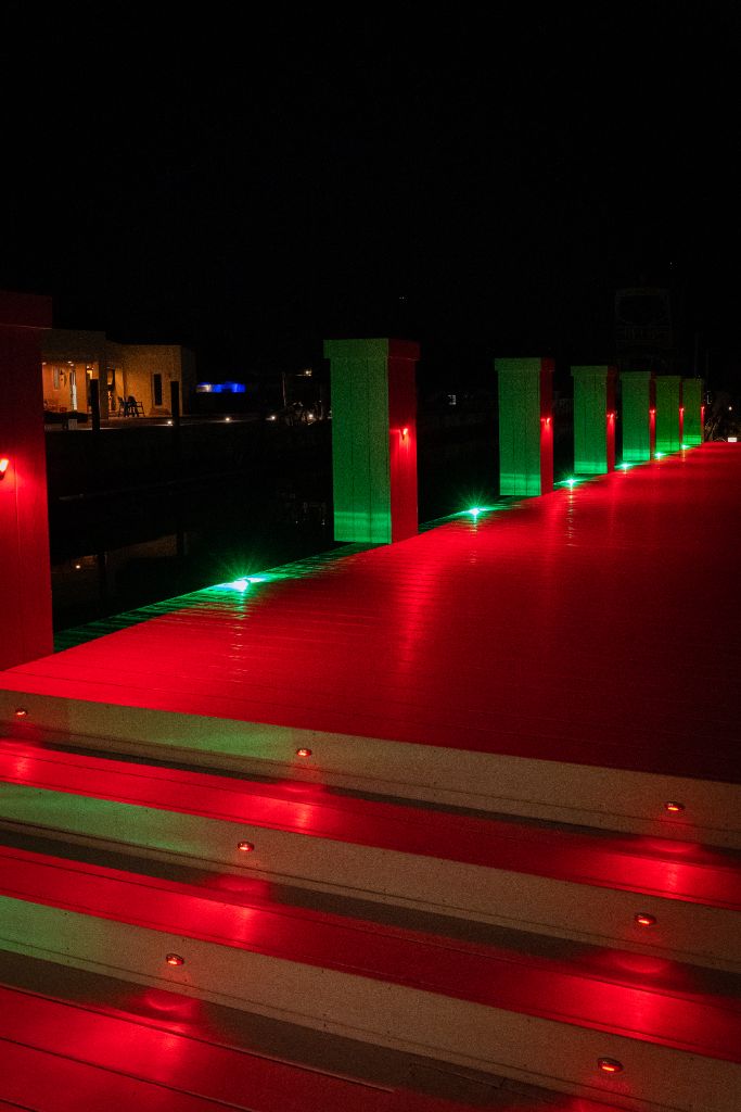 Red and Green RGBW Dock and Step Lighting — Dramatic Color Contrast at Night