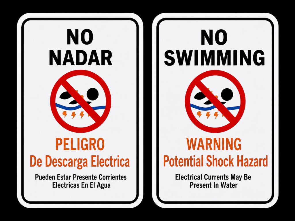 ESD Warning Signs — No Swimming, No Nadar, Warning Potential Shock Hazard — English and Spanish
