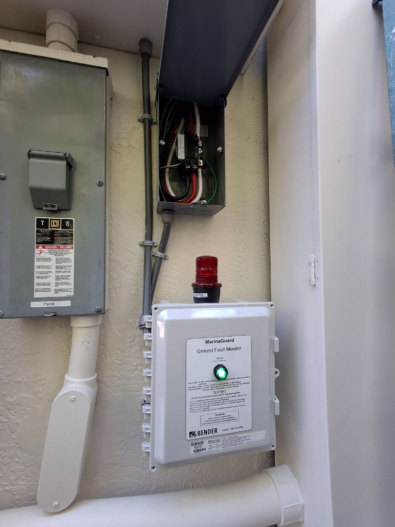 Bender MarinaGuard Ground Fault Monitor — Live & Active, Green Ready Light, Red Alarm Beacon Installed