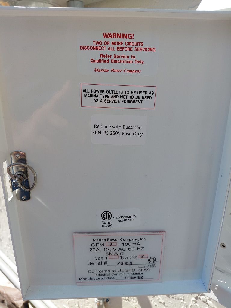 Marina Pedestal GFCI Monitor Door — GFM 100mA, 20A 120V, Marina Power Company