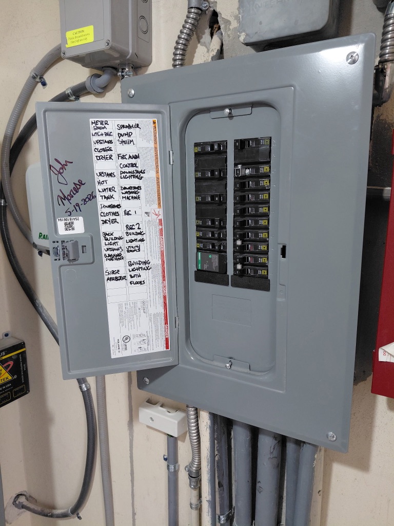 Install 1 — Subpanel Door Open, Full Circuit Directory Labeled and Signed by John Marese 5-19-2026 — PSEC