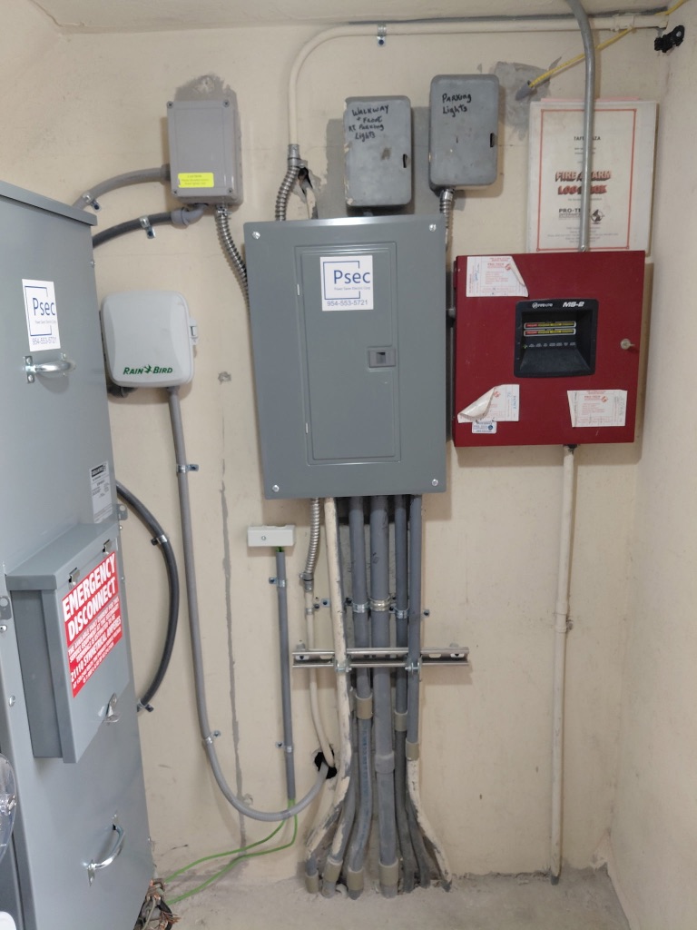 Install 1 — PSEC Subpanel with Fire Alarm Control Panel and RainBird Controller, Emergency Disconnect Box, Clean Conduit Runs