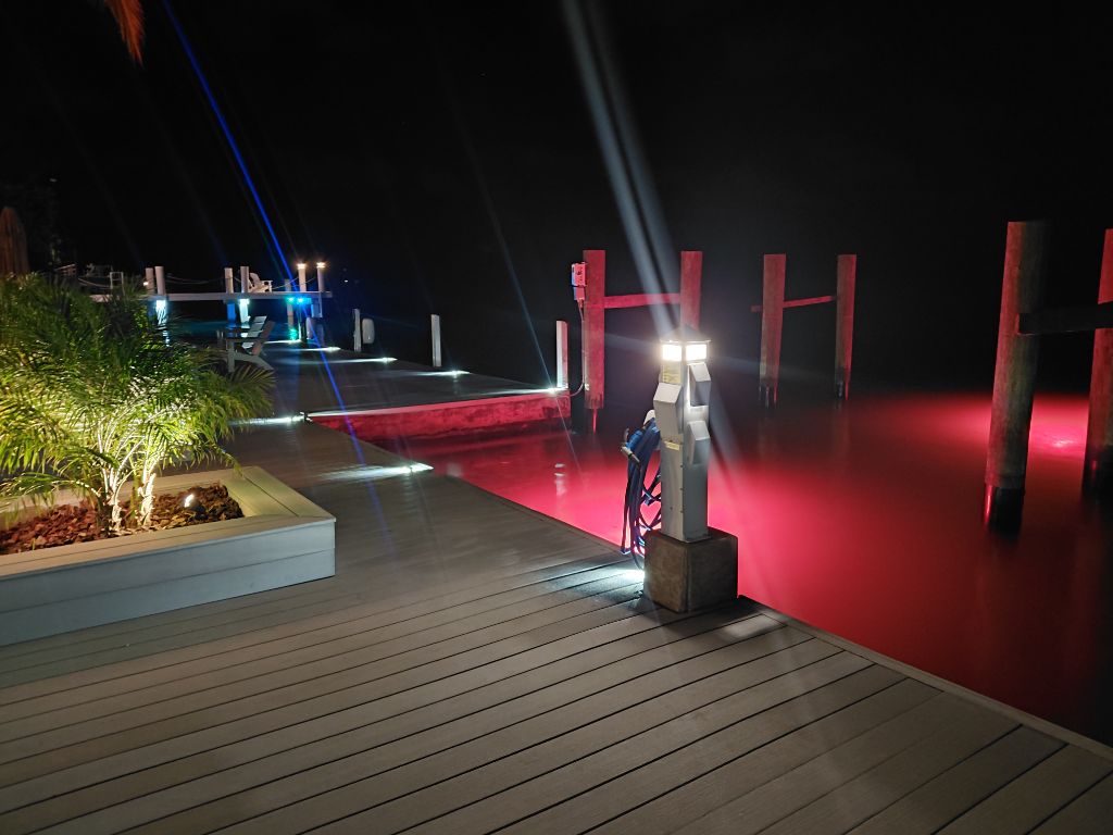 RGBW Red — Dramatic Underwater Glow, Dock & Pilings at Night