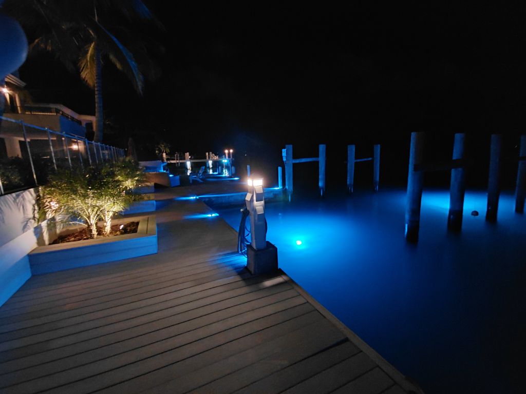 RGBW Blue Underwater Glow — Dock Pedestal & Pilings at Night