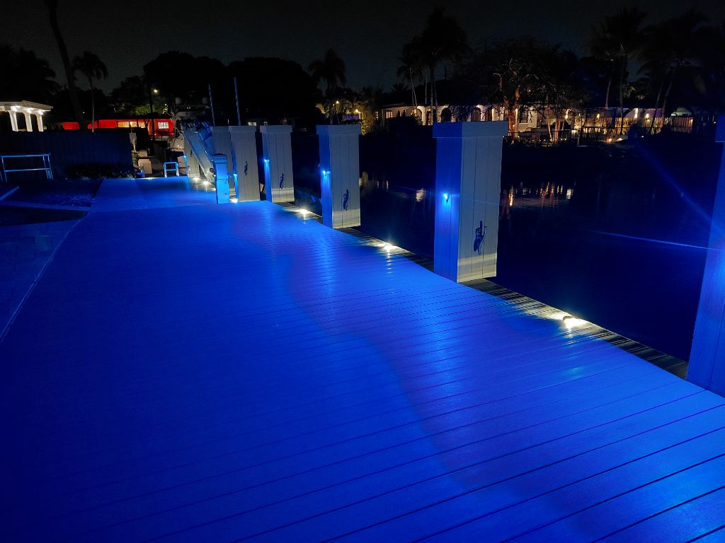 Blue RGBW Full Dock Wash — Step Lights and Piling Lights at Night, South Florida